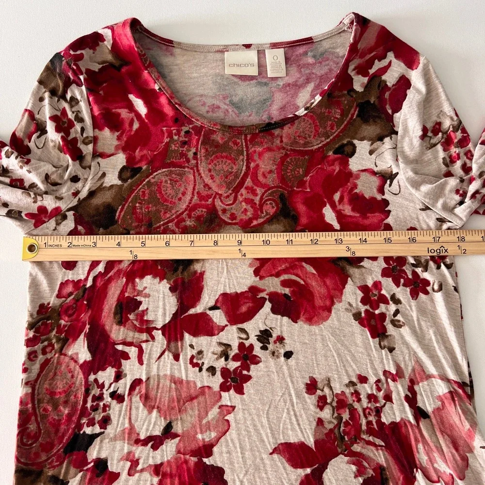 Chicos Size 0 Small Floral Paisley Print Bell Sleeve‎ Top Blouse Soft Knit Boho